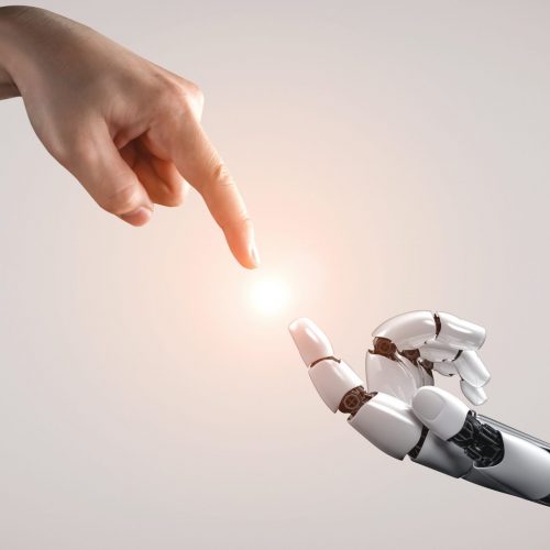 Future artificial intelligence robot and cyborg. 3D rendering artificial intelligence AI research of robot and cyborg development for future of people living. Digital data mining and machine learning technology design for computer brain.